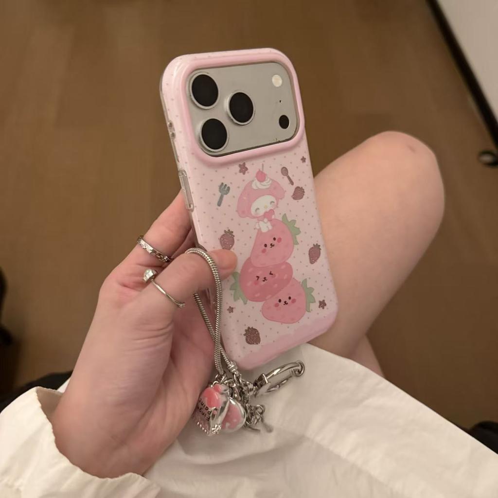 Pink Strawberry Stacking Music Cute Cream Love Portable Application Apple 15Promax Mobile Phone Case 16 Women 16pro