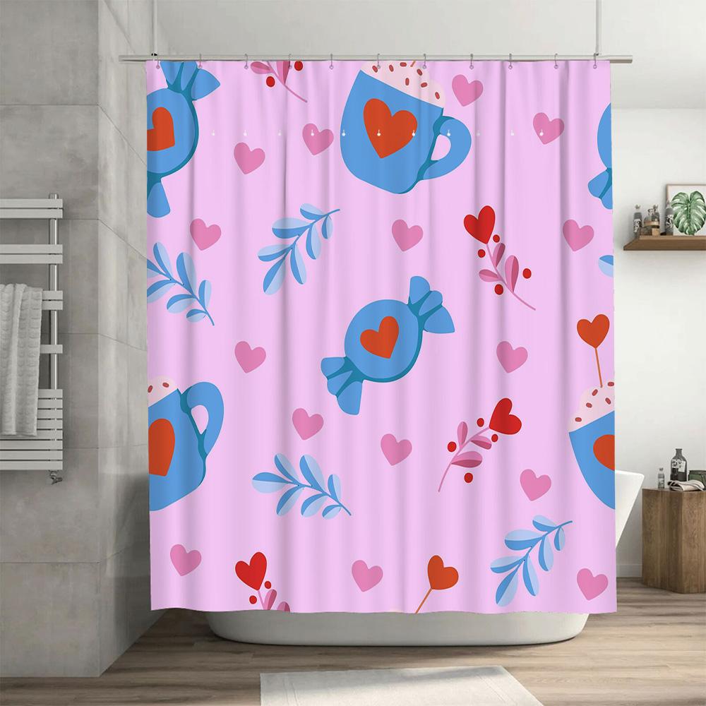 Soft Protective Waterproof Bathroom Shower Curtain Decor with Candy Cup Heart Leaves Design for Kids Bathrooms Pink Blue Red Col