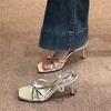 New Women's Summer Narrow Band Heel Sandals Women Thick Heel  Ankle Strap Square Toe Ladies Dress Zapatos Mujer