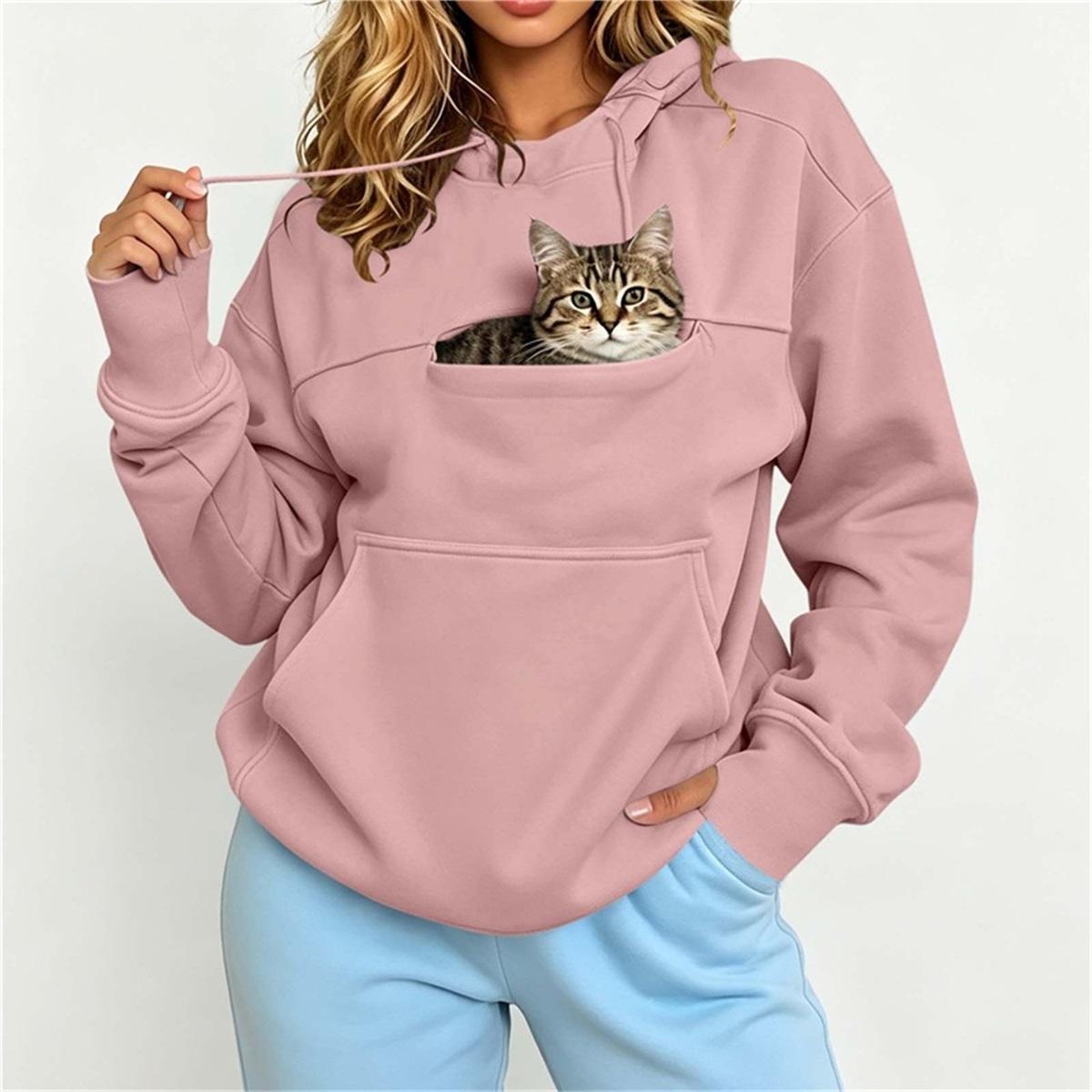 Sweat à capuche double poche pour femme Manches longues Capuche à cordon Sweat-shirt Poche pour animal de compagnie Coupe ample Décontracté Pull Hauts pour femme XL rose