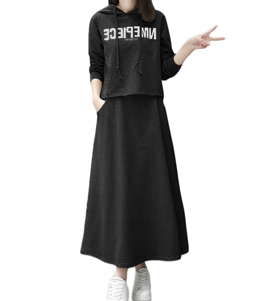 

Skirt Top and Bottom Long Loose Autumn [Celetree] Set, Setup, Set, Women s Loungewear, Loungewear, Sweatshirt, Sleeves, Skirt, Casual, Comfortable, чорний