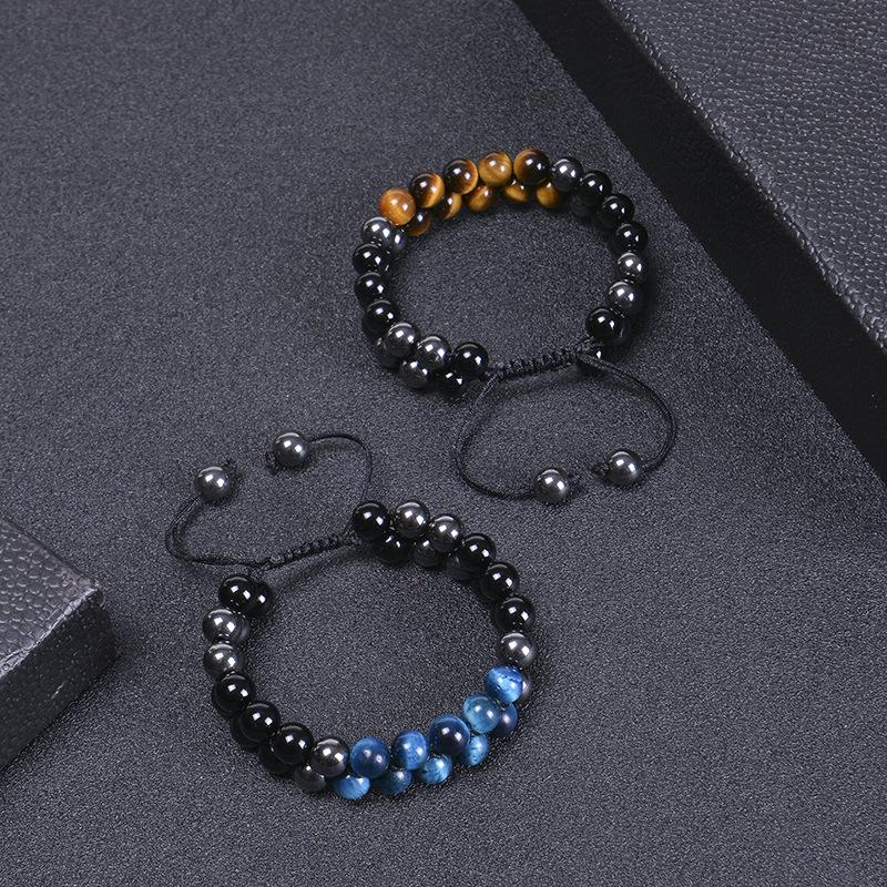 Handmade Double-Layer Blue Tiger Eye & Obsidian Bracelet for Men