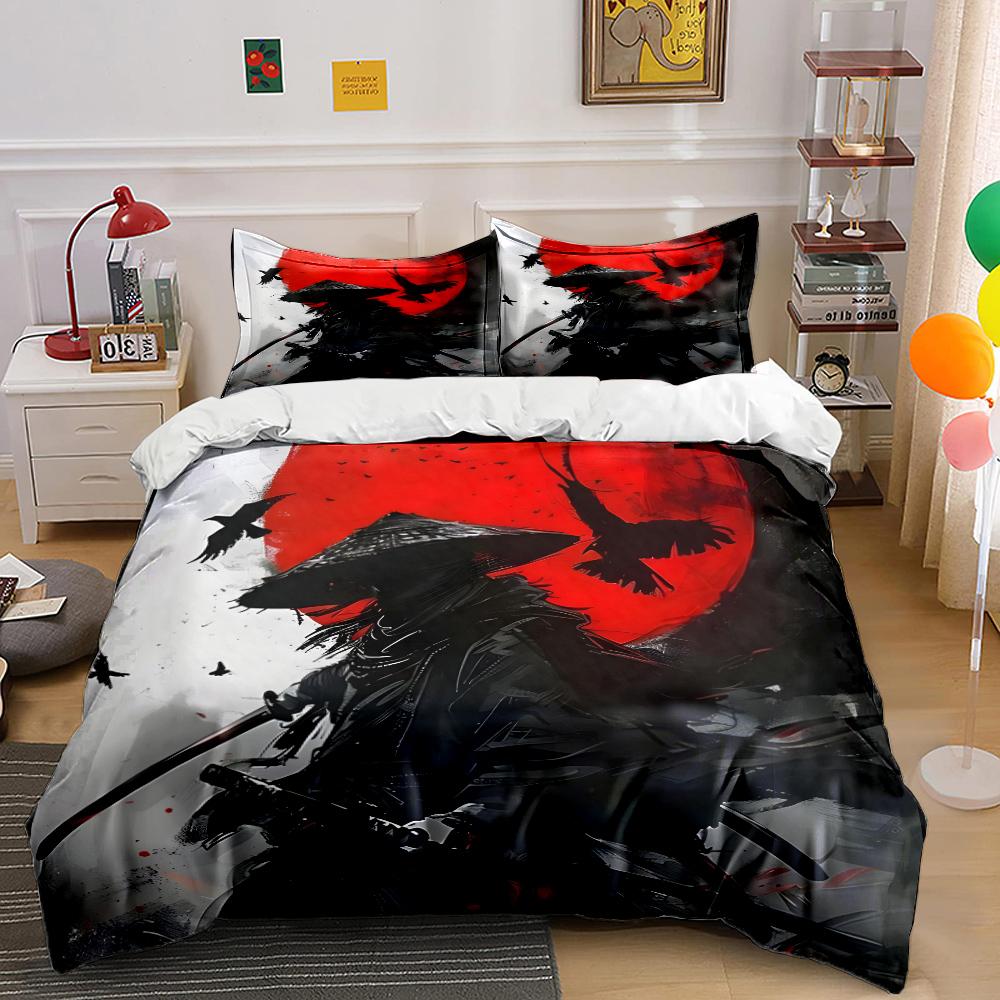 Japan Samurai And Red Sun Silhouette Print Bedding Set 1 Duvet Cover 2 Pillowcases For Adult And Children Luxury Gift Full Size EU Twin 135X200cm&set