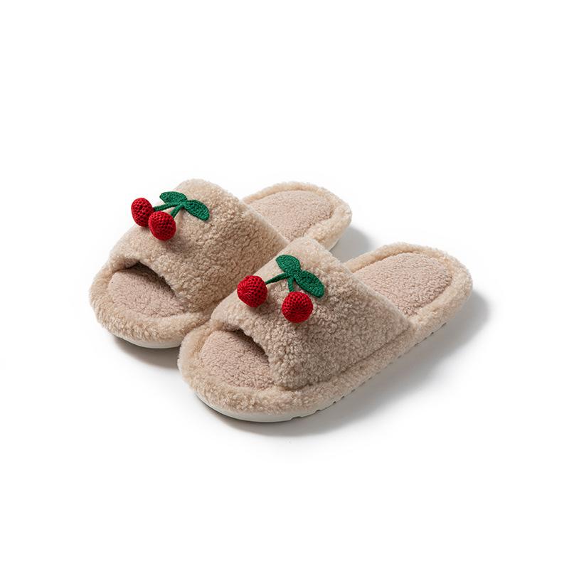 Cherry open cotton slippers ins warm fluffy slippers cherry contrasting plush slippers
