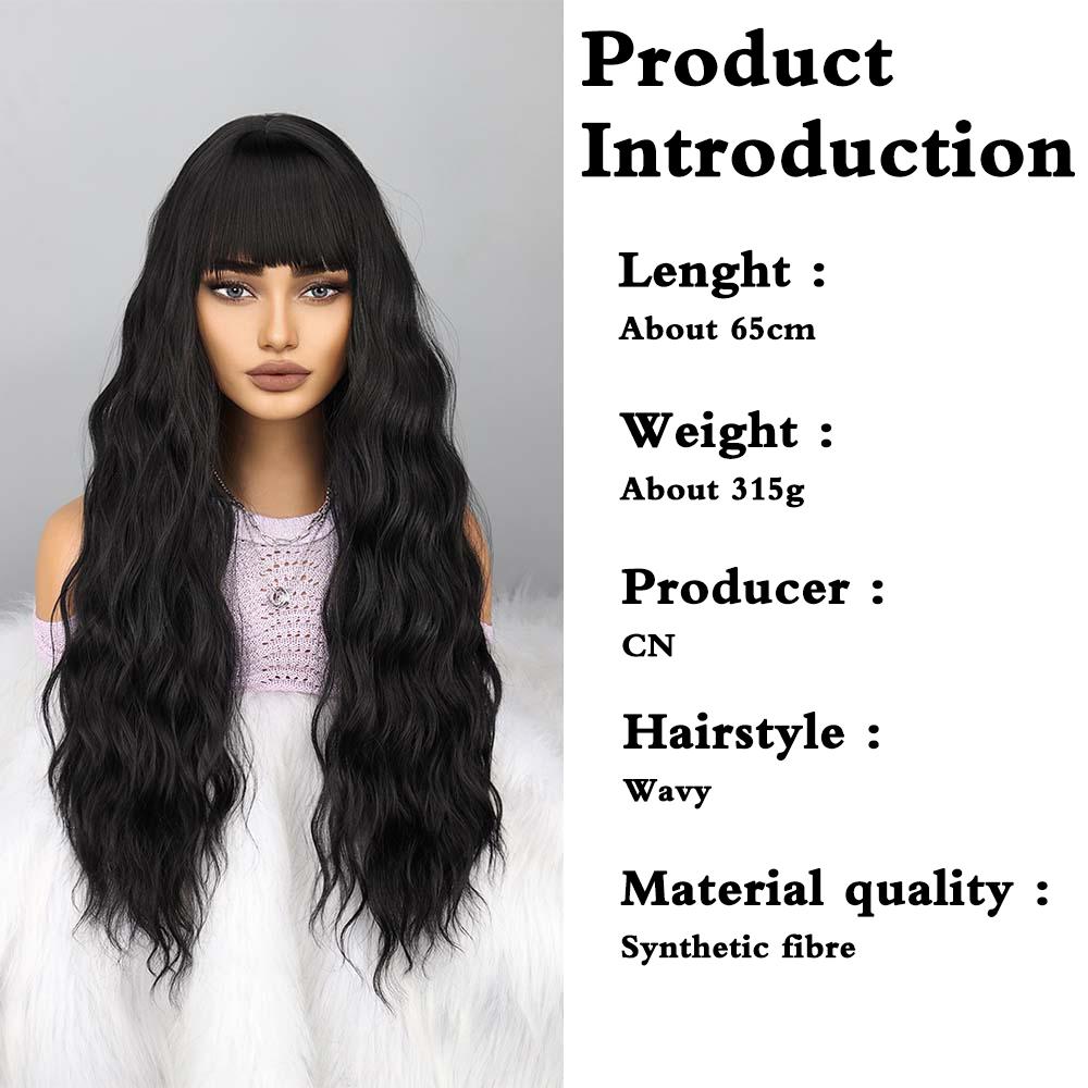 MISS WIG Natural Black Long Wave Wig with Bangs Synthetic High Temperature Fiber Wig Suitable for Daily Wear Party Wigs