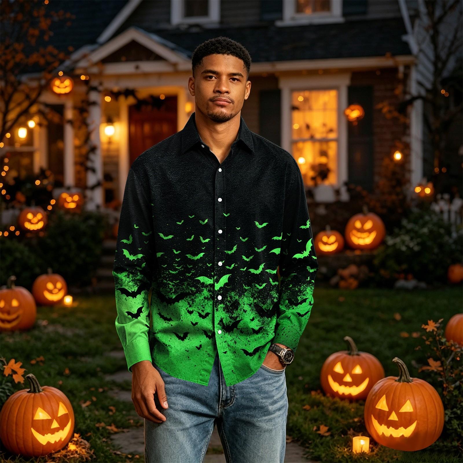 Men s Long Sleeve Button Down Shirt with Halloween Print L зелёный