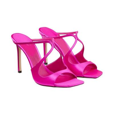Fashion Summer New Square Head Fish Mouth Cross Belt Satins Sandals Women's Thin Heel Hollow Out Black Purple Outdoor Fashion Slippers