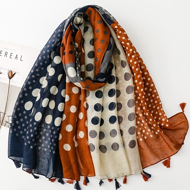 French-style vintage polka dot patchwork color-block scarf for women, holiday-style shawl, versatile tassel silk scarf