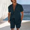 Men S Summer Thin Short Sleeve Cuban Collar Shirt And Shorts Casual Two Piece Set