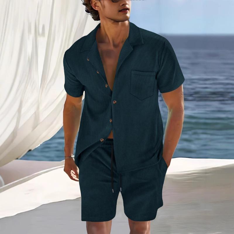 Men S Summer Thin Short Sleeve Cuban Collar Shirt And Shorts Casual Two Piece Set