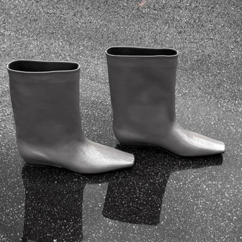 Long Women Boots Leather Small Square Head Wedge Mid Tube Boots Women's 2025 New Versatile Loose Tube Short Boots Woman