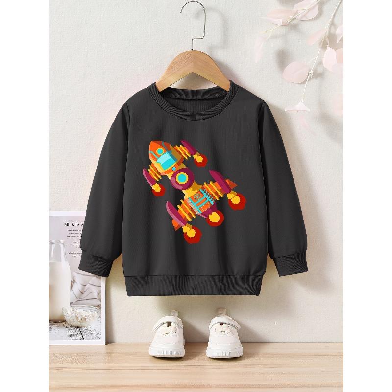 Kids' Cartoon Spaceship Applique Crew Neck Sweatshirt -Regular Fit Under - Casual Spring/Fall Active Pullover