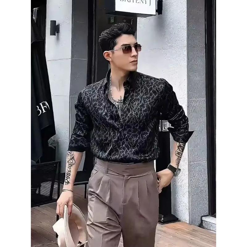 

Новая рубашка Модная мужская с принтом Длинный рукав Приталенная Не требующая глажки Анти-сминаемая Трендовая повседневная рубашка M чёрный