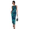 Summer Women Sleeveless Print Mesh Bodycon Dress Mature Style French Retro Patchwork Slim Sexy Elegant Women Maxi Dress