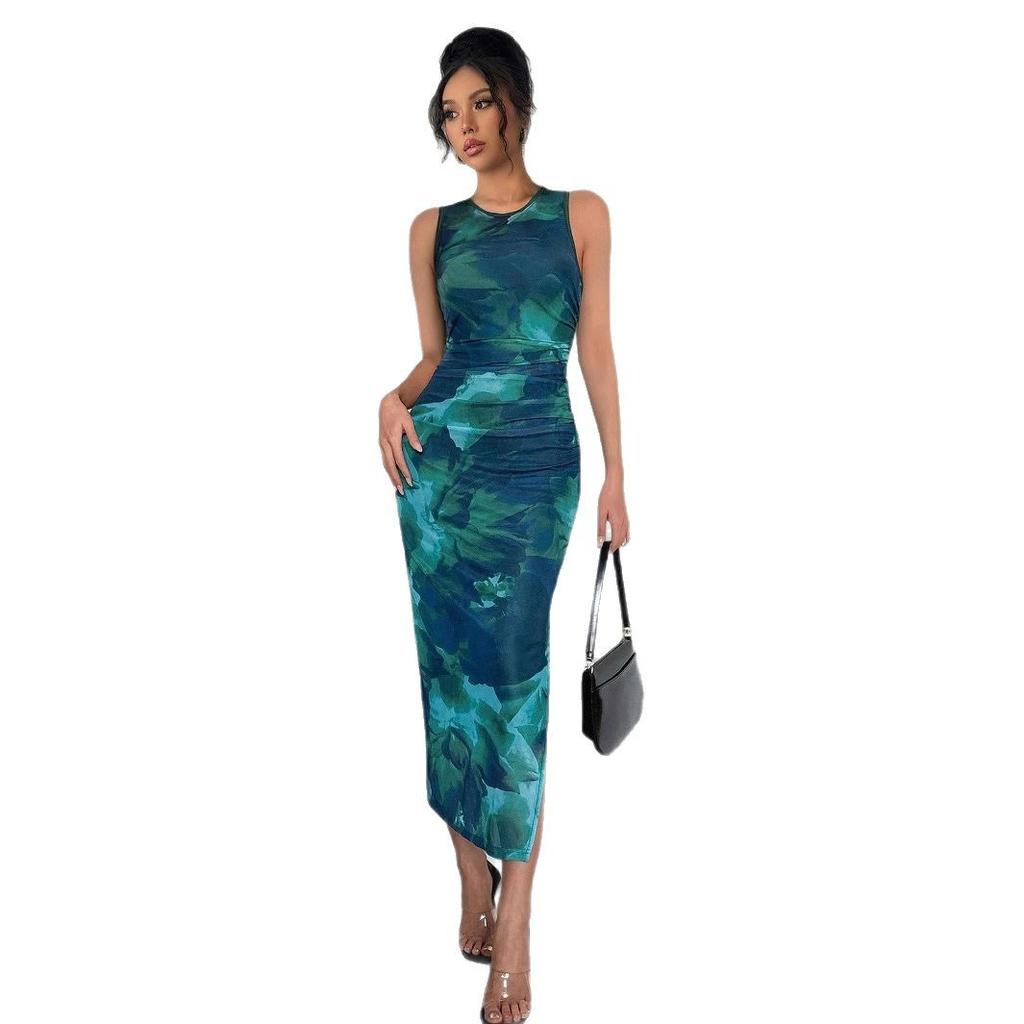 Summer Women Sleeveless Print Mesh Bodycon Dress Mature Style French Retro Patchwork Slim Sexy Elegant Women Maxi Dress