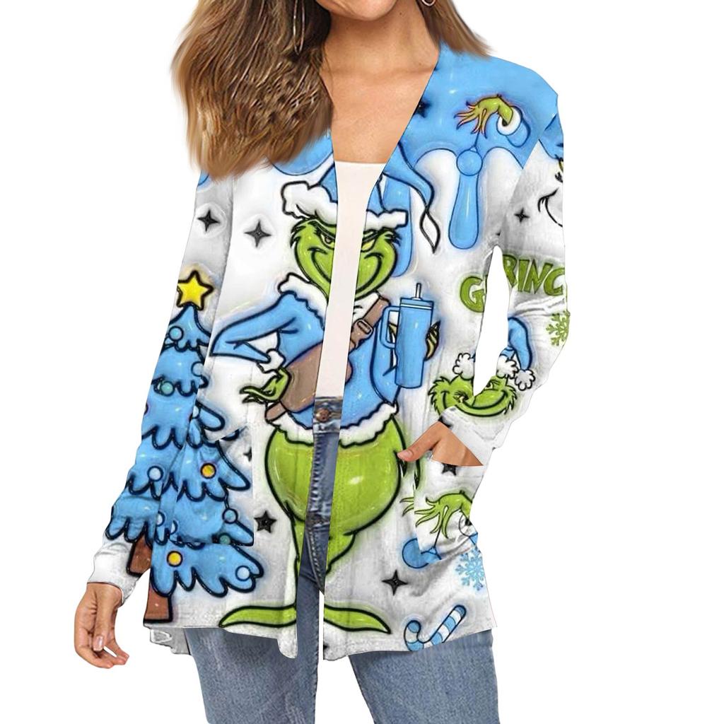 Dámský módní vánoční potisk dlouhý rukáv kapsy slim fit kardigan kabát
