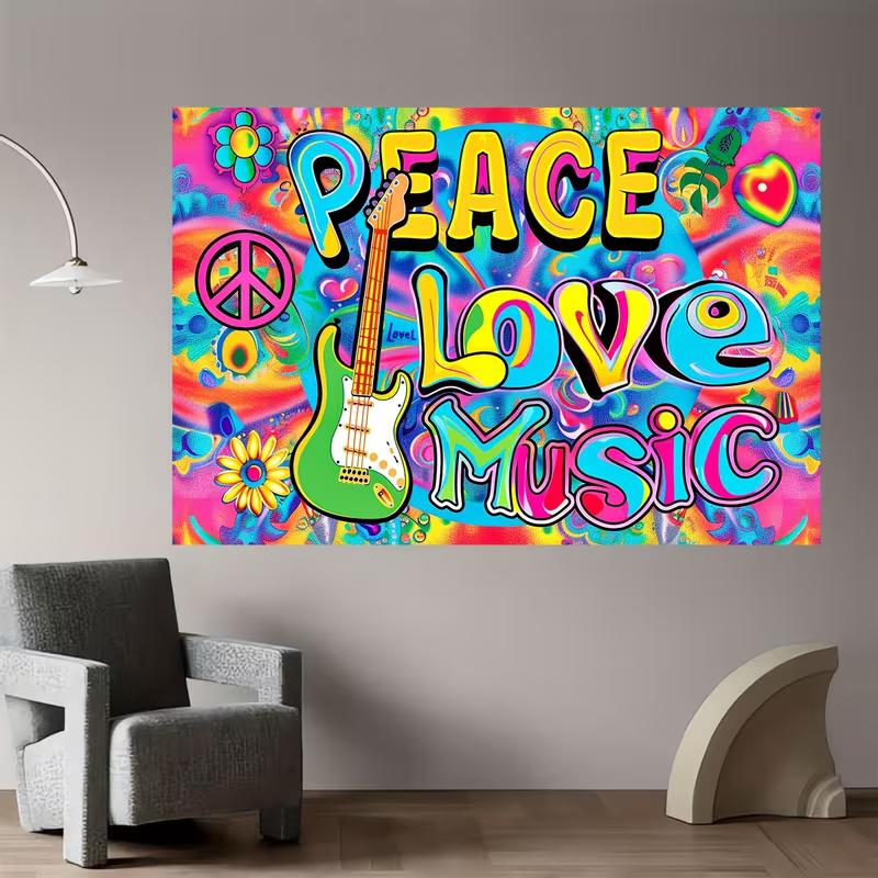 Retro Hippie Peace Sign & Guitar Tapestry, Vibrant Psychedelic Wall Art for Home & Party