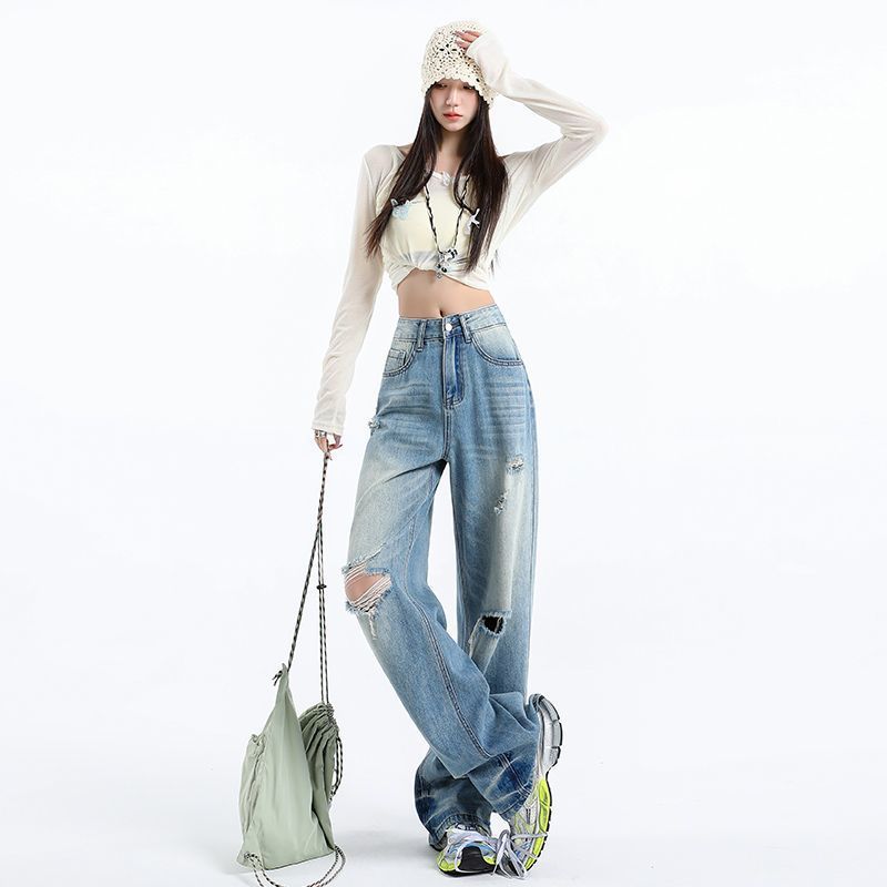 Jeans Straight-leg Spring and Autumn New Ripped Retro High Waist Loose Slim Small Wide-leg Pants