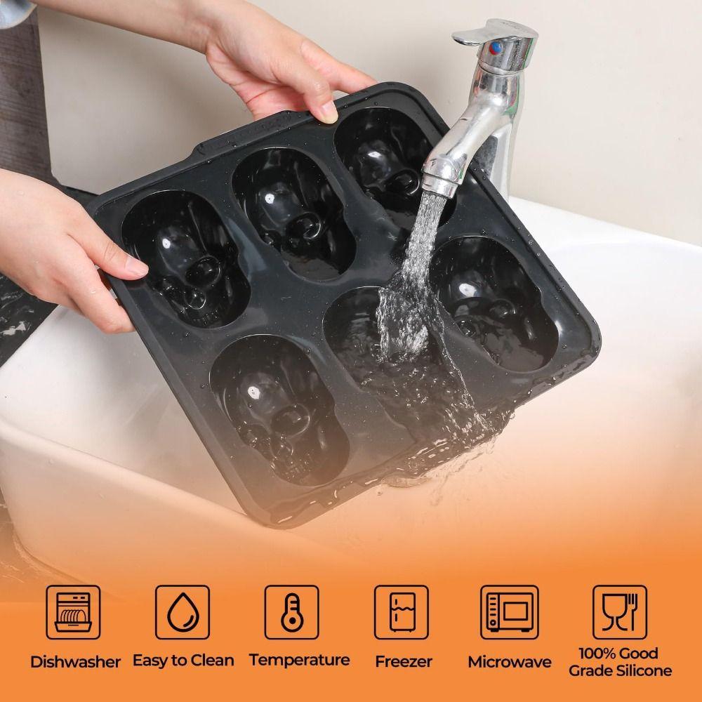 Trendy Silicone Halloween Skull Cake Pan 6 Cavity Skull Metal Framed Baking Tray Food-Safe Non-Stick Baking Pan for Baking