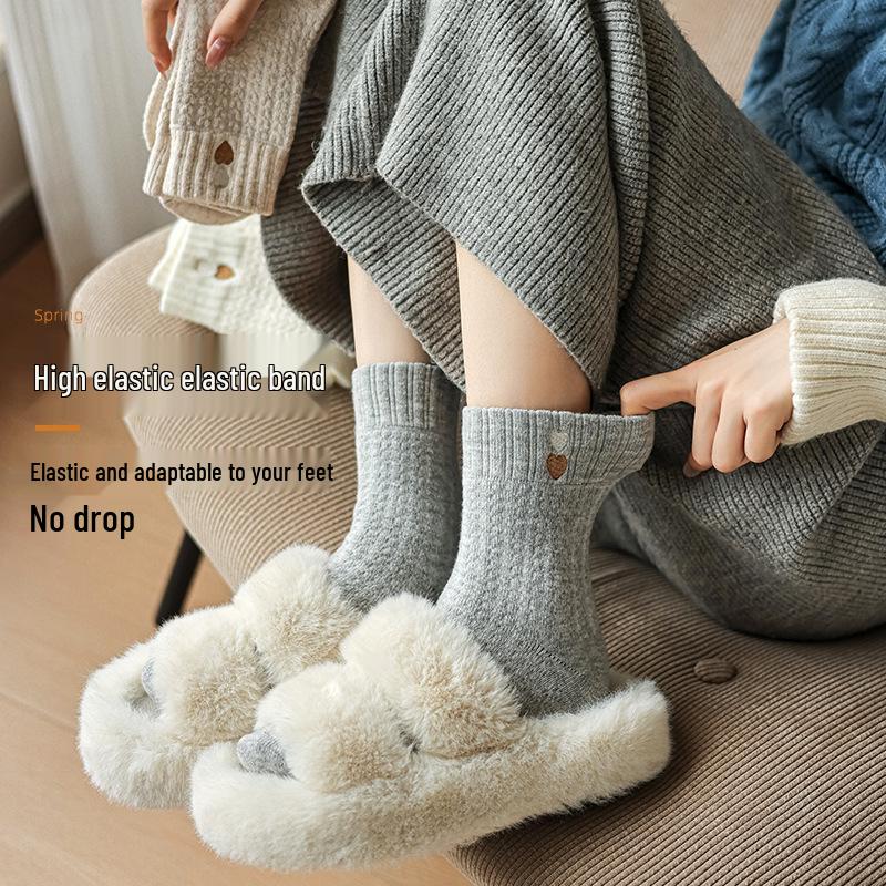 Women's Terry Mid-Calf Socks: Velvet-Lined, Thick, Warm, Postpartum, Embroidered Heart, for Autumn and Winter