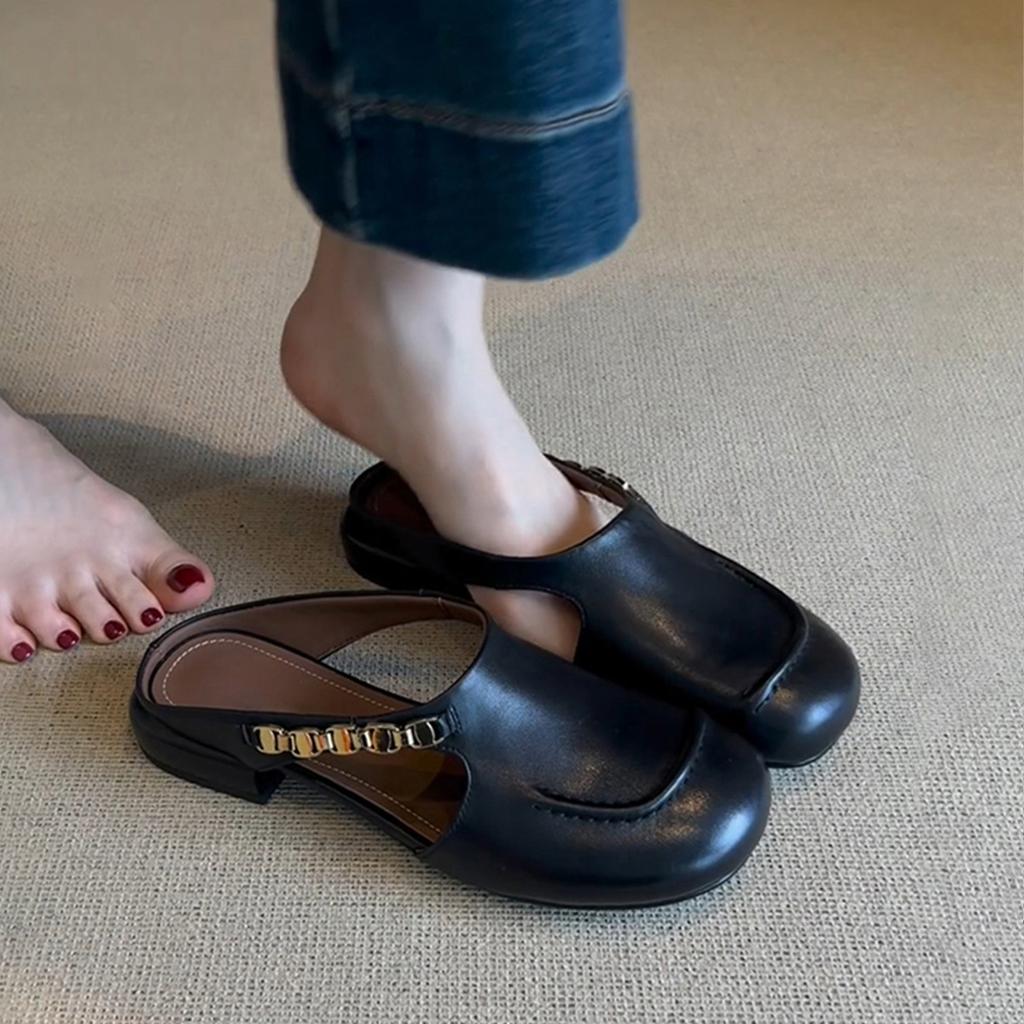 Retro metal chain hollow half-drag bag head shoes, women wear leather cool slippers with flat bottom