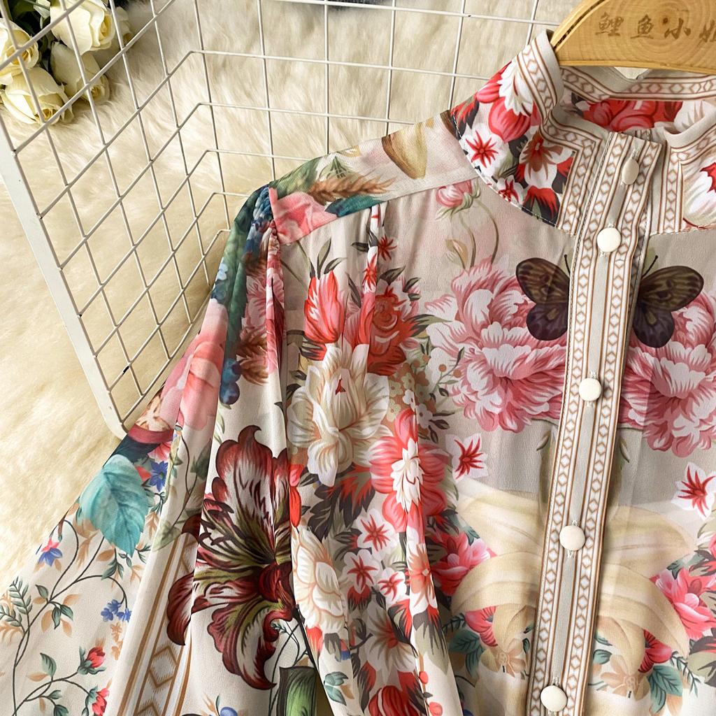French Vintage Print One Piece Dress Women Lantern Sleeve Single Breasted Ladies Dresses Princess Lace Up Design Clothes