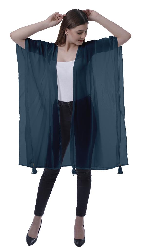 Moomaya Womens Georgette Shrug Open Front Long Sheer Coverup w  Tassels