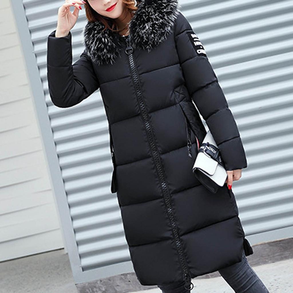 Women's Fashion Big Hair Collar Slim Waist Long Down Cotton Jacket Cotton Coat