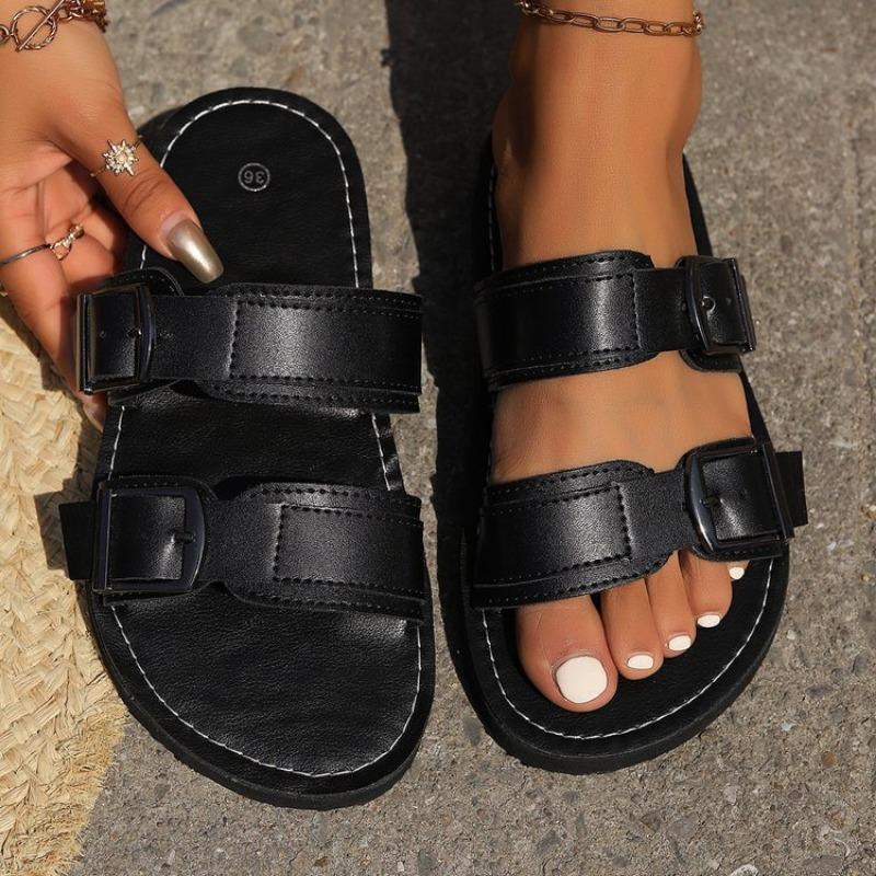 Large Size Belt Buckle Flat Slippers Women's Summer One-word Belt Sandals Women