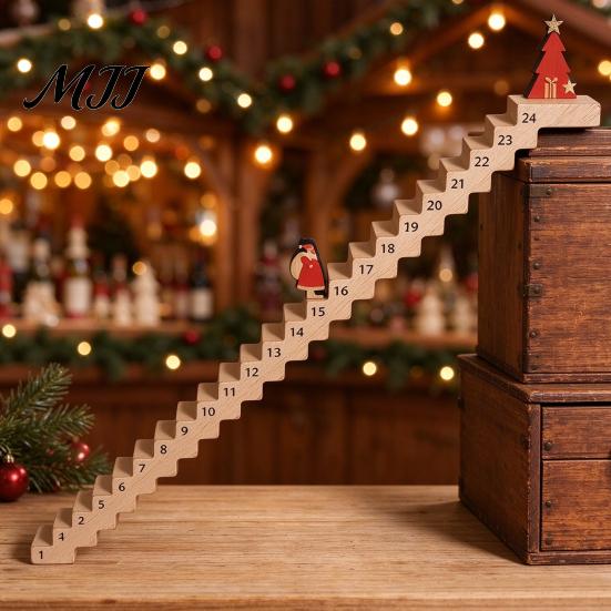 Reusable Wooden Calendar Christmas Staircase Countdown Calendar, Ornament with Santa Claus Gift for Kids Doll, 24 Days Advent Holiday Bookshelf