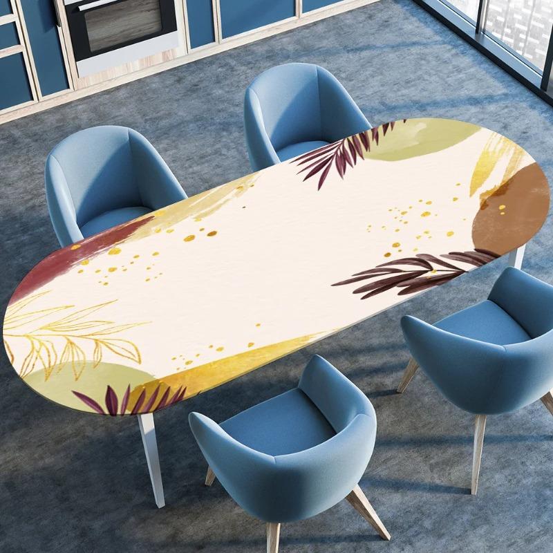 Elastic Stretch Waterproof Tablecloth Oil-Resistant Oval Fitted Table Cover for Kitchen Dining Wedding Party Outdoor Courtyard