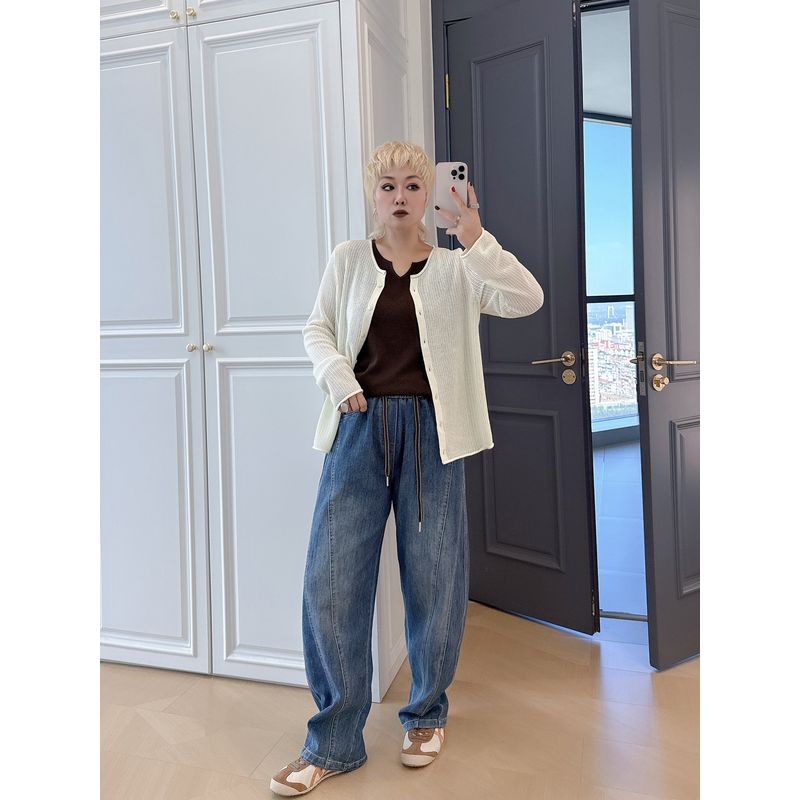Vintage Drawstring Soft Denim Pants Plus Size Women's Clothing 100kg Comfortable Elastic High-Waisted Stylish Dad Jeans for Curvy Women