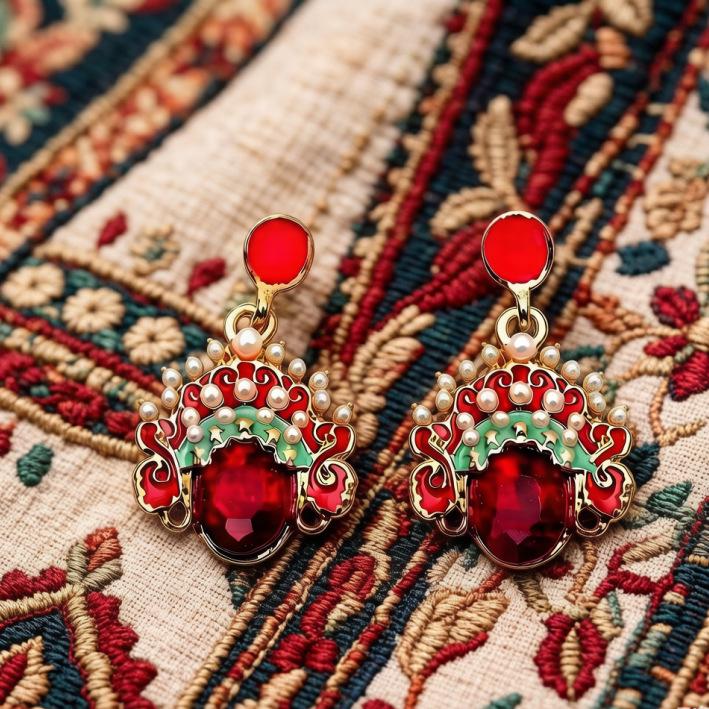 Women's Red Chinese Ethnic Style Dangle Earrings - Elegant Retro Court Design for New Year