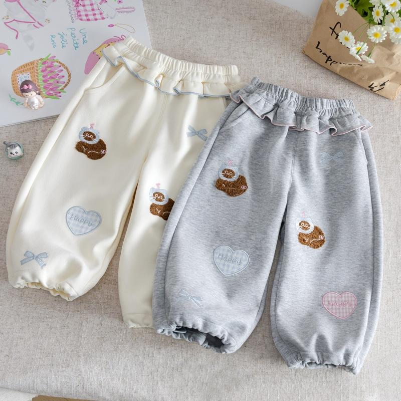 New Autumn Baby Girls' Grey Casual Sports Pants Cute Cartoon Embroidered Loose Versatile Pants Korean Children's Trousers