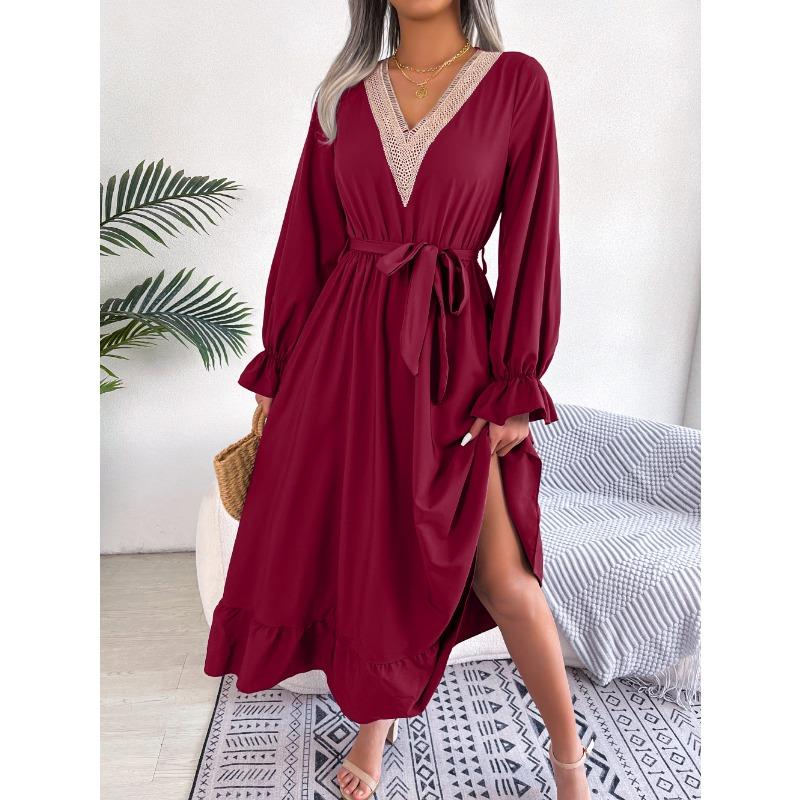Women's Autumn-winter Style V-neck Lace Pinched Waist Long Dress