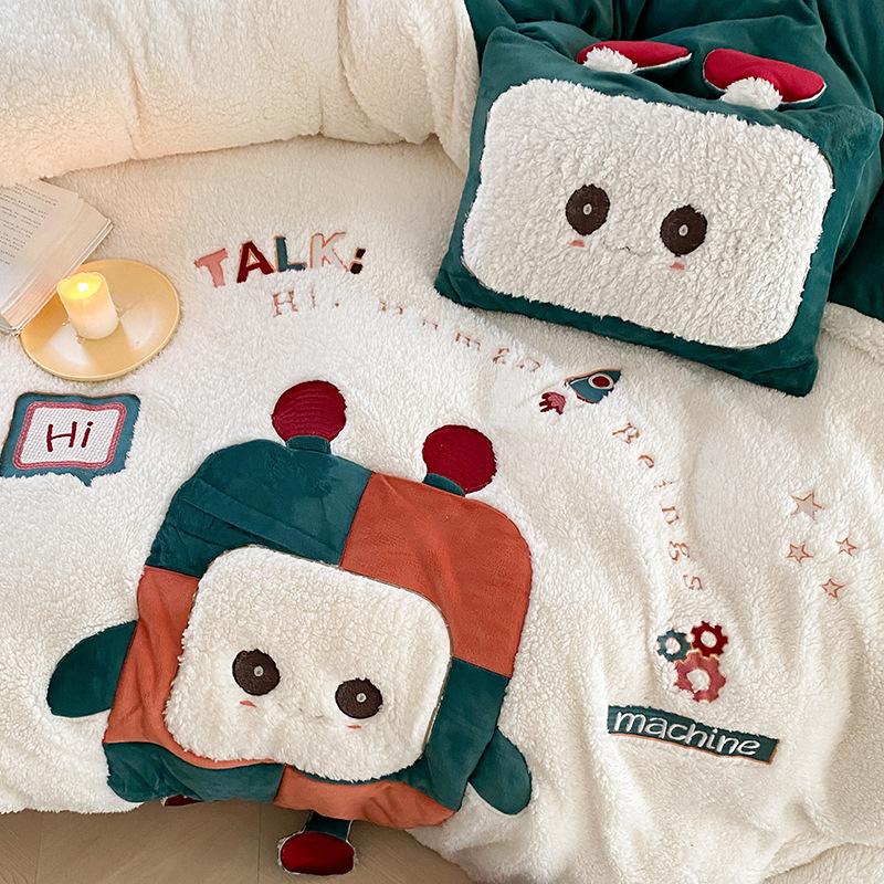 Winter Cartoon Cute Style Double-sided Buvet Cover Thickened Lamb Fleece Four Piece Set Coral fleece Duvet Cover Plush Bedding