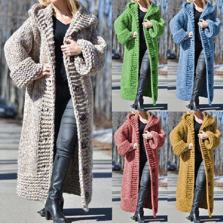 Eur-Am Women's Hooded Cardigan: Thick Knit Long Sweater