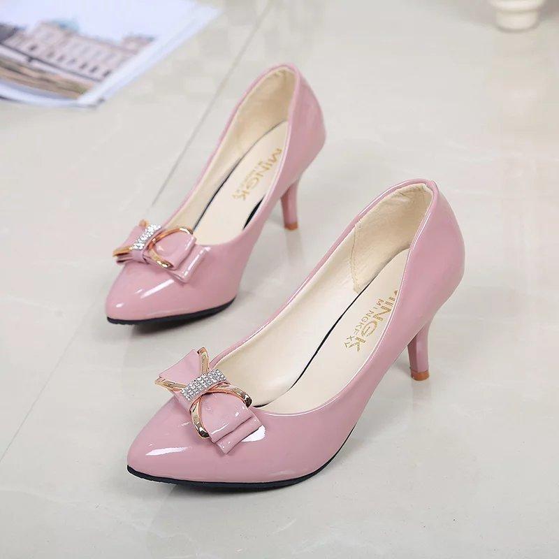 

Spring and autumn high heels shallow mouth women s single shoes sweet thin heels pointed bow Korean version professional four seasons work leather sh 39 фіолетовий