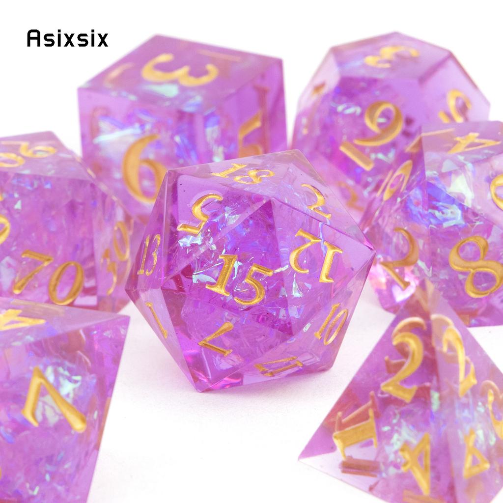 7 Pcs Purple Pink Resin Golden Number Sharp Edge Dice Polyhedral Dice Suitable For Role-Playing Dice PropBoard Game