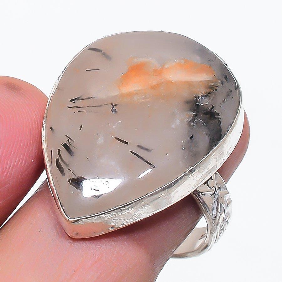 Natural Black Rutile Gemstone 925 Sterling Silver Jewelry Ring Size 8 j2U46