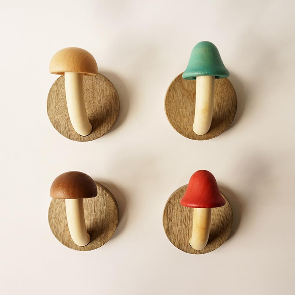 

Wooden Mushroom Coat Hooks, Wall Mounted Towel Hanger, Solid Wood, Colorful, Set of Hooks with Screws (4 hooks & 8 screws)