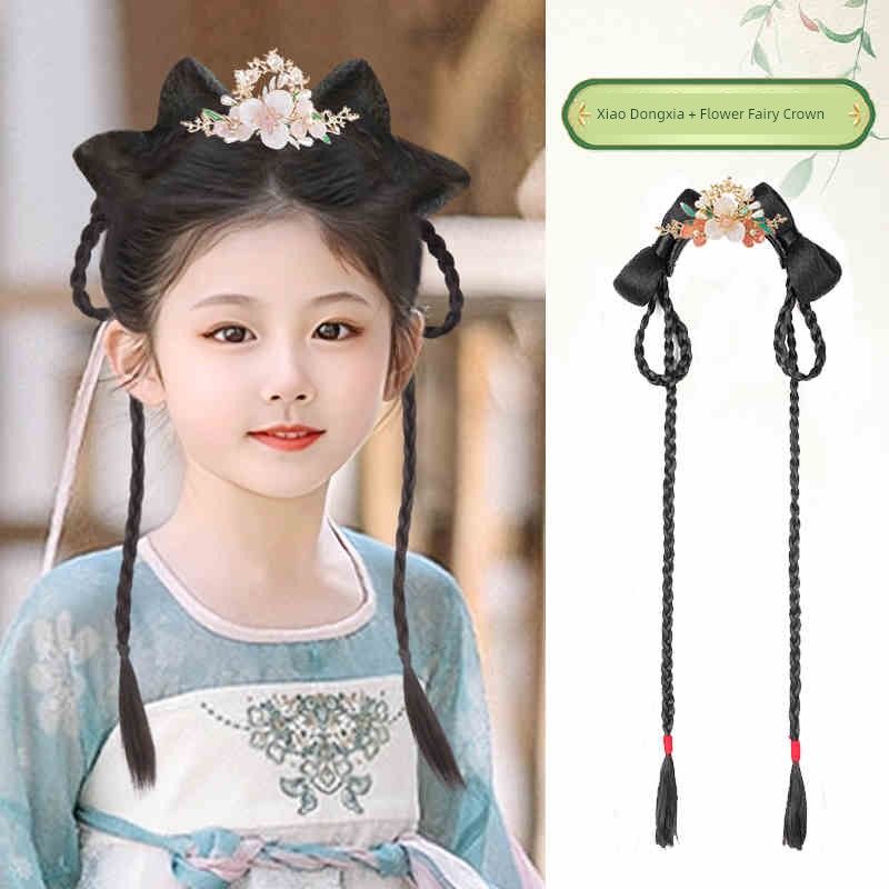 Children's Han Chinese Costume Chignon Updo Ancient Costume One-Piece Headband Chinese Ancient Style Wig Girl Hair Styling Bun Headdress