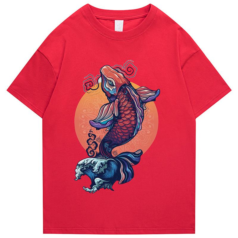 Unisexs T Shirt 2026 Streetwear Japanese Harajuku Tshirt Koi Fish Wave Printed Hip Hop Tshirt Short Sleeve Summer Cotton Tops Tees