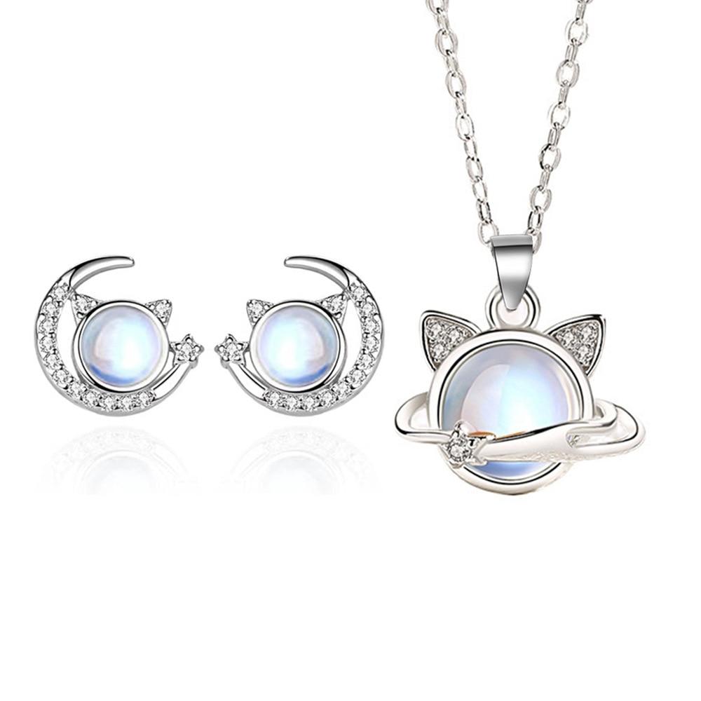 Women's Silver Jewelry Set Cat Earrings with Necklace 925 Sterling Silver Cute Kitty Birthday Valentine's Gift
