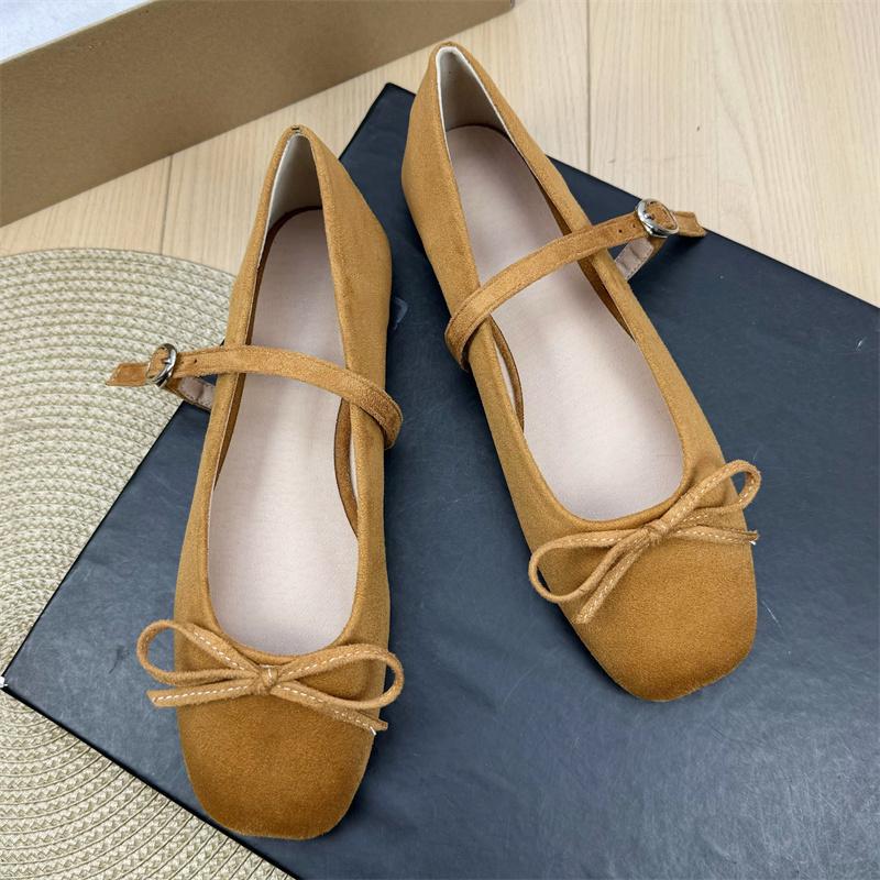 Fashion Flat Shoes for Women Suede Square Toe 2025 Spring and Autumn New Bow Flat Bottom Mary Jane Shoes Plus Size Women's Shoes 43 44