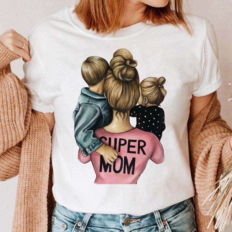 Maycaur Women Cartoon Mom Mother Boy Girl Print Mother Lady T-shirts Casual Top T Shirt Ladies Womens Graphic Female Tee T-Shirt