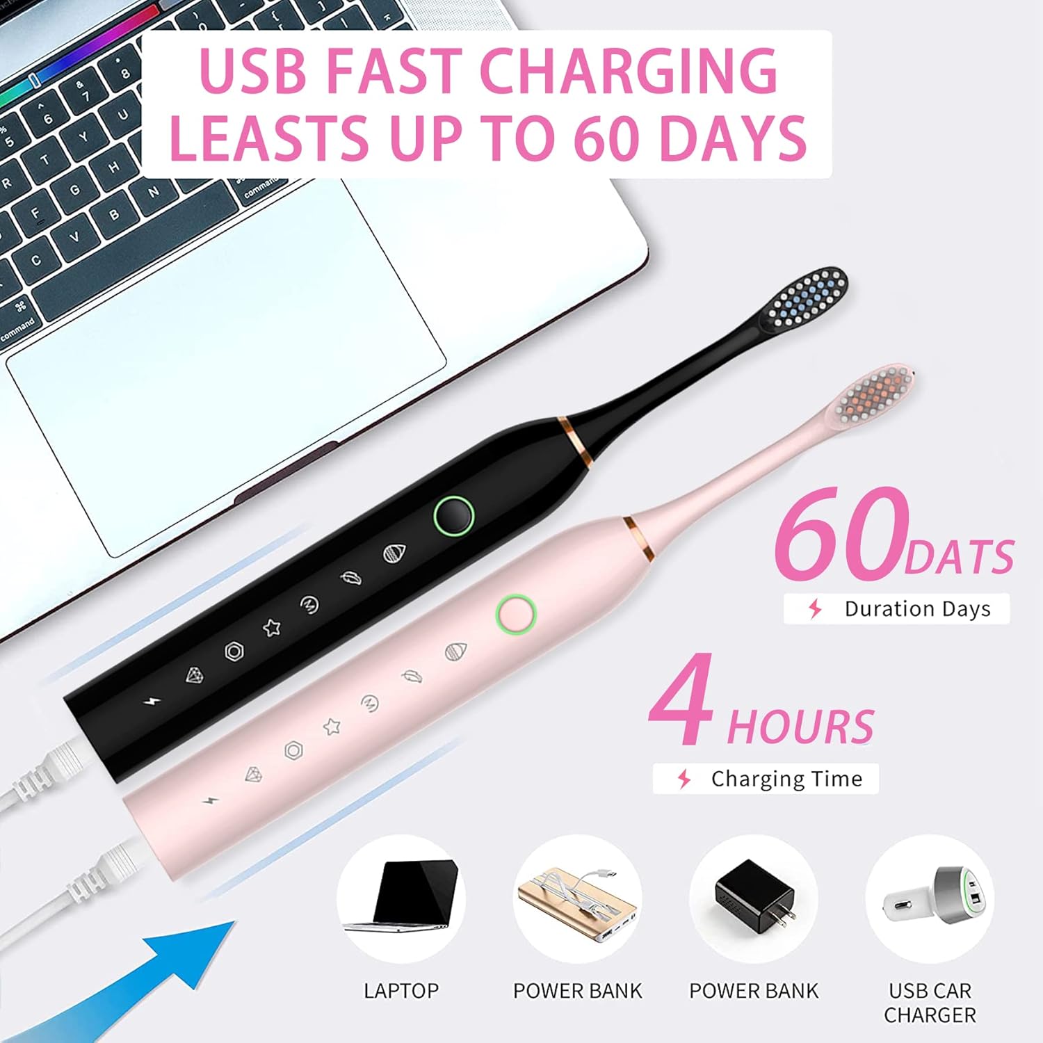 Electric Toothbrush for Adults, 6 Modes 42000vpm, with 8 Brush Heads, Sonic Electric Toothbrush Black+Pink