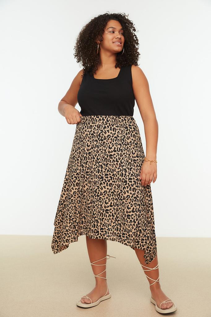 Fustă Tricotată Asimetrică Maro cu Model Animalier Mărimi Mari pentru Femei