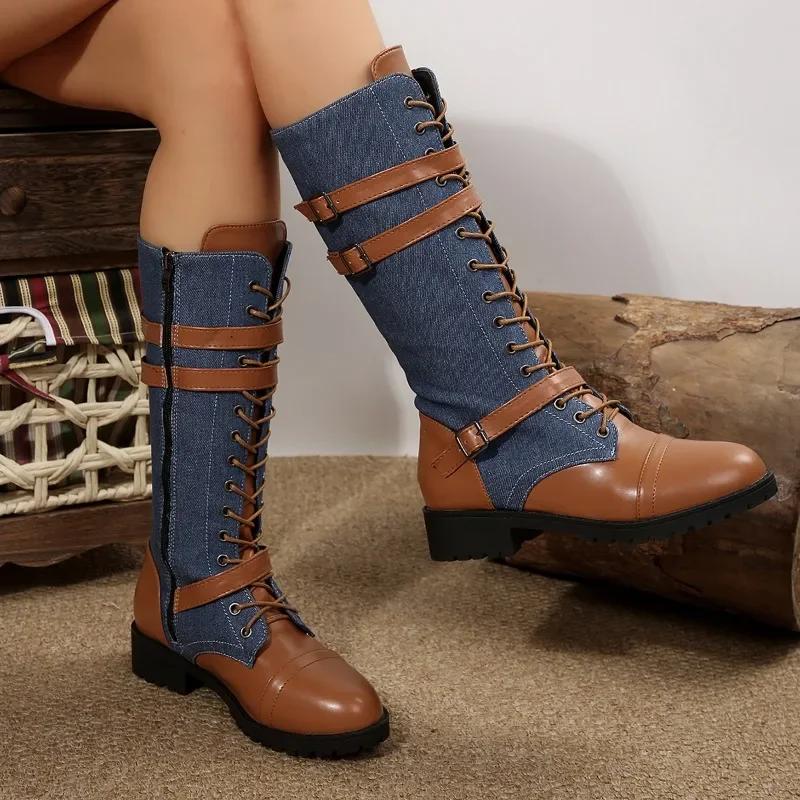 Fashion 2025 Lace-up Women's Winter Boots New Belt Buckle Cowboy Knee High Boots Women Denim Leather Goth Shoes Punk Zip Boots for Women