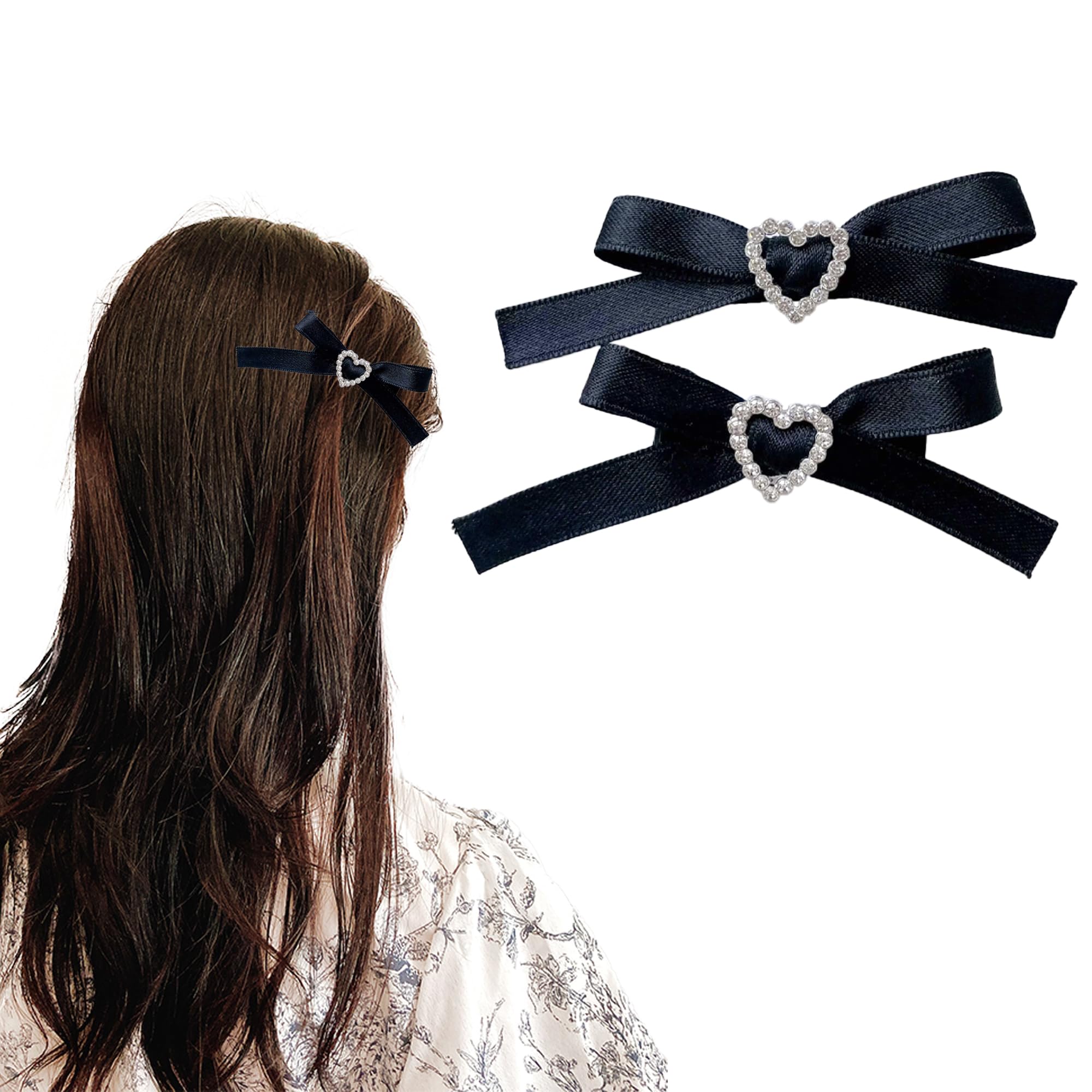 Set of 2 Mini Ribbon Clips with Heart Jewel, Black [Used]